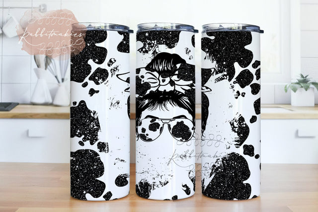 Cow Print Mom Life Messy Bun Hair Skinny Tumbler Design Sublimation Rabbitmakies 