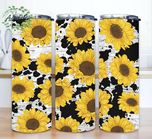 Cow Print Sunflower 20oz Skinny Tumbler Png, Cowhide Sublimation Design, Sunflowers Tumbler, Watercolor Flowers, Cowhide Tumbler Sublimation AdriOP 