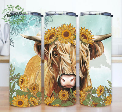 Cow Print Sunflower Tumbler PNG, Cowhide Sublimation Design, Highland Cow 20 oz Skinny Tumbler, Sunflowers Tumbler Wrap Sublimation AdriOP 