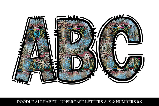 Cow Print, Teal & Leopard Letters, Western Doodle Alpha Set Sublimation BijouBay 