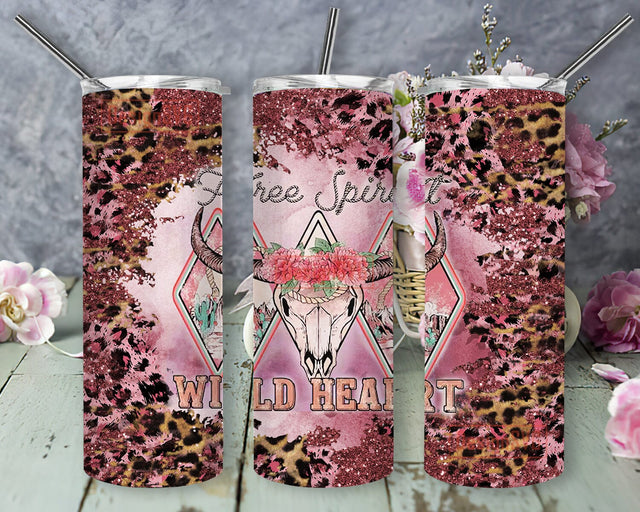 Cow Skull 20oz Skinny Png, Free Spirit Wild Heart Tumbler Png, Pink Leopard Glitter Tumbler Wrap, Western Country Tumbler Design, Digital Download Sublimation DesignSVG 