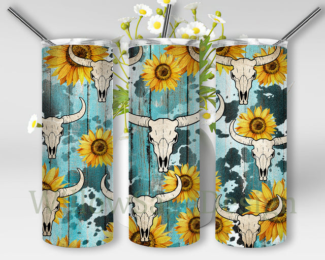 Cow Skull 20oz Skinny Tumbler, Sunflower Tumbler Wrap, Western Cow Skull Tumbler Design, Country Sublimation Designs, Instant Download Sublimation WillowSageDesign 