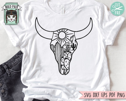 Cow Skull Desert SVG File, Cow Skull Cactus SVG File, Cow Skull SVG File, Cow Skull Desert Cut File, Southwest SVG, Boho SVG, Longhorn SVG, Buffalo SVG SVG Wild Pilot 