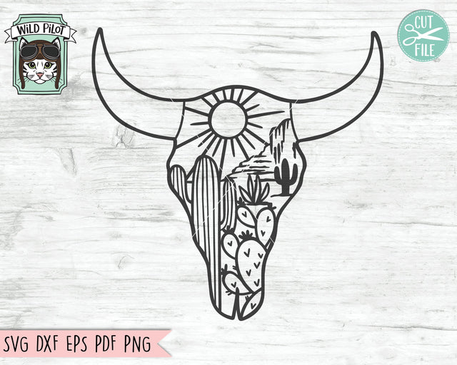 Cow Skull Desert SVG File, Cow Skull Cactus SVG File, Cow Skull SVG File, Cow Skull Desert Cut File, Southwest SVG, Boho SVG, Longhorn SVG, Buffalo SVG SVG Wild Pilot 