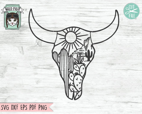 Cow Skull Desert SVG File, Cow Skull Cactus SVG File, Cow Skull SVG File, Cow Skull Desert Cut File, Southwest SVG, Boho SVG, Longhorn SVG, Buffalo SVG SVG Wild Pilot 