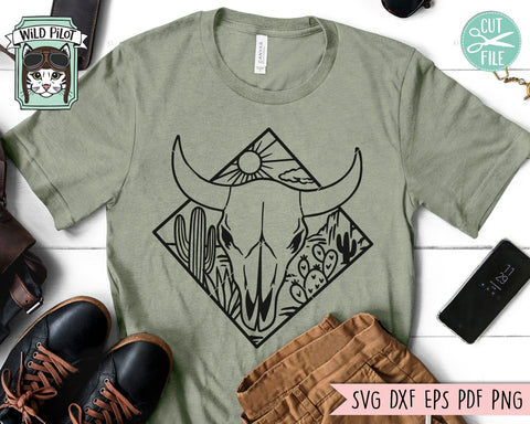 Cow Skull Desert SVG file, Cow Skull Cactus svg file, Cow Skull svg file, Cow Skull Desert Scene cut file, Southwest svg, Boho svg, longhorn svg SVG Wild Pilot 