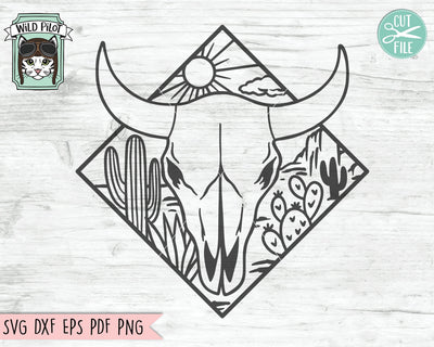 Cow Skull Desert SVG file, Cow Skull Cactus svg file, Cow Skull svg file, Cow Skull Desert Scene cut file, Southwest svg, Boho svg, longhorn svg SVG Wild Pilot 