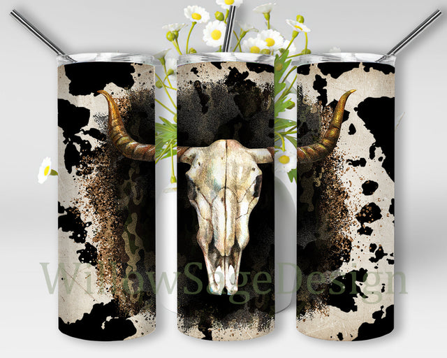Cow Skull Design Png, Western Cow Skull 20oz Skinny Tumbler, Cowhide Camo Tumbler Wrap, Cow Skull Sublimation Design, Instant Download Sublimation WillowSageDesign 