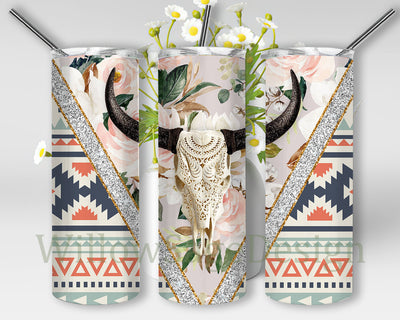 Cow Skull Design Tumbler, Western Cow Skull 20oz Skinny Tumbler, Aztec Floral Tumbler Wrap, Cow Skull Sublimation Design, Digital Download Sublimation WillowSageDesign 