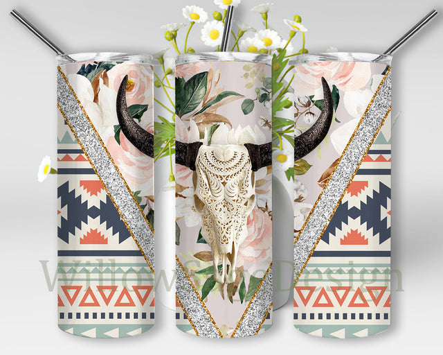 Cow Skull Design Tumbler, Western Cow Skull 20oz Skinny Tumbler, Aztec Floral Tumbler Wrap, Cow Skull Sublimation Design, Digital Download Sublimation WillowSageDesign 