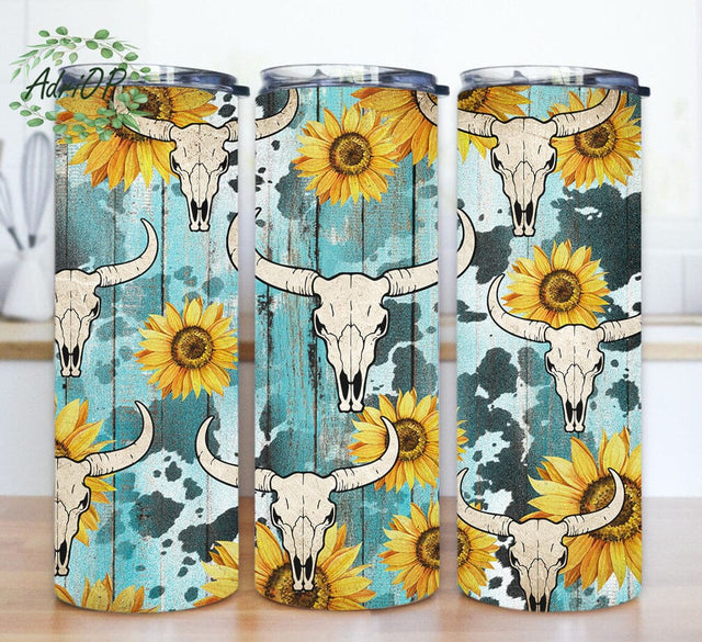 Cow Skull Design Tumbler, Western Cow Skull 20oz Skinny Tumbler, Sunflower Cow Print Tumbler Wrap, Western Country Tumbler Template, Instant Download Sublimation AdriOP 