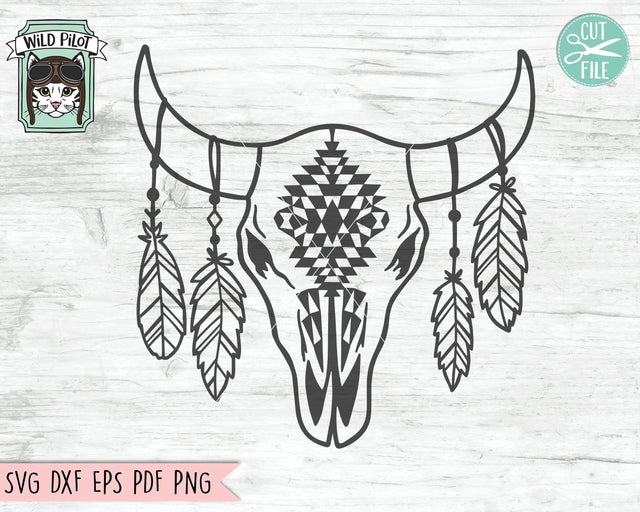 Cow Skull Feathers SVG Cut File, Cow Skull SVG, Cow Skull Medallion Feathers SVG, Southwest SVG, Boho SVG, Feathers SVG, Skull SVG, Longhorn Skull SVG SVG Wild Pilot 
