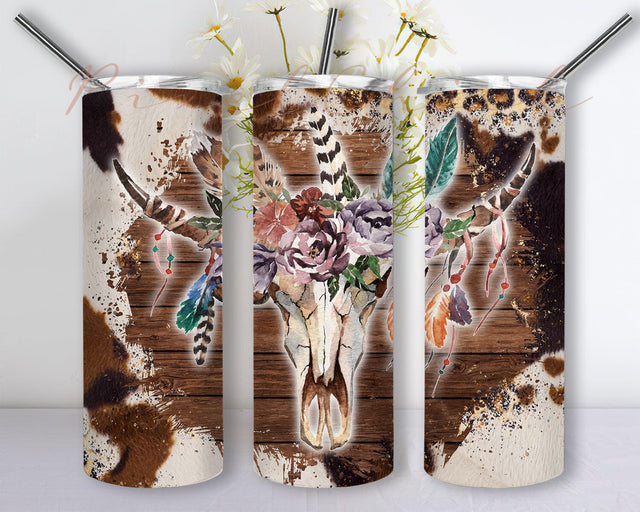 Cow Skull Floral 20oz Tumbler Png, Western Cow Skull Tumbler Design, Cowhide Leopard Tumbler Wrap, Western Country Sublimation Design, Digital Download Sublimation PixelChick 