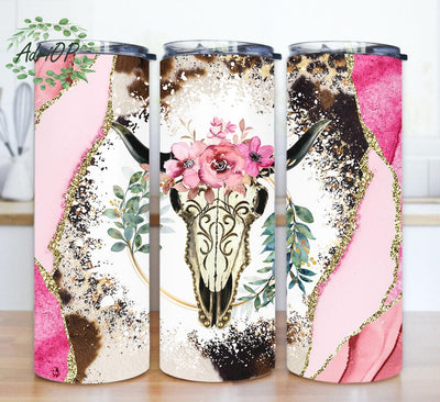 Cow Skull Floral 20oz Tumbler Png, Western Cow Skull Tumbler Design, Leopard Cowhide Marble Glitter Tumbler Wrap, Digial Download Sublimation AdriOP 