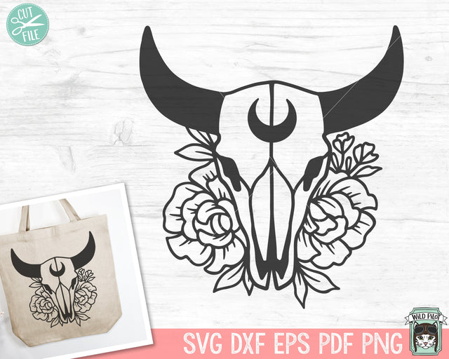 Cow Skull Flowers SVG, Cow Skull Floral SVG, Mystical svg, Crescent Moon svg, Bull Skull Flower svg, Boho svg, Bohemian svg, Southwest svg SVG Wild Pilot 