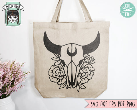 Cow Skull Flowers SVG, Cow Skull Floral SVG, Mystical svg, Crescent Moon svg, Bull Skull Flower svg, Boho svg, Bohemian svg, Southwest svg SVG Wild Pilot 