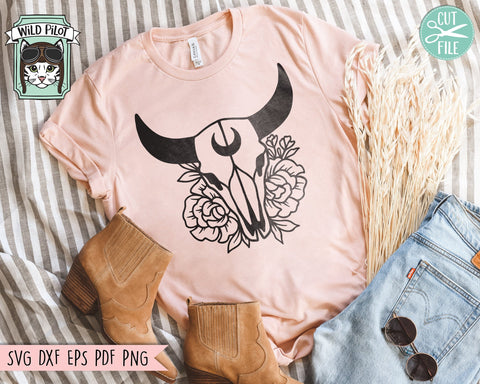 Cow Skull Flowers SVG, Cow Skull Floral SVG, Mystical svg, Crescent Moon svg, Bull Skull Flower svg, Boho svg, Bohemian svg, Southwest svg SVG Wild Pilot 
