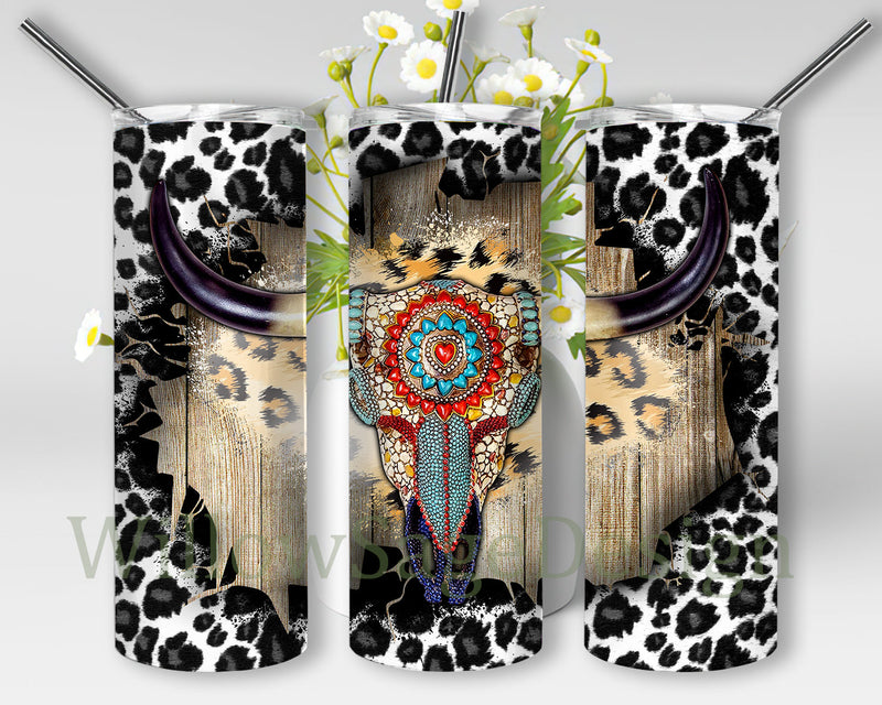 Cow Skull Gemstone 20oz Skinny Tumbler, Leopard Cowhide Tumbler Wrap, Western Tumbler Png, Western Cow Skull Sublimation Design, Instant Download Sublimation WillowSageDesign 