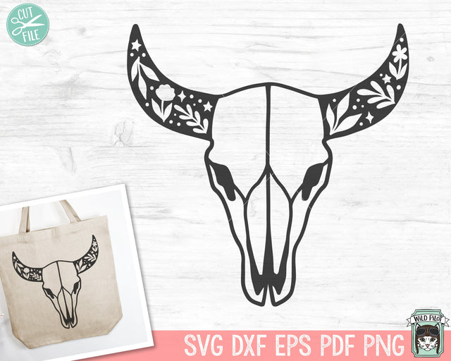 Cow Skull SVG, Bull Skull SVG, Leaves svg, Mystical SVG, Cow Skull Clipart, Boho svg, Leaves png, Bohemian svg, Southwest svg, Longhorn svg SVG Wild Pilot 