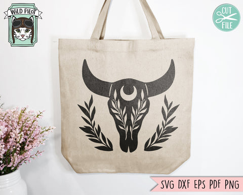 Cow Skull SVG, Bull Skull SVG, Mystical SVG, Crescent Moon svg, Cow Skull Clipart, Boho svg, Leaves svg, Bohemian svg, Southwest svg SVG Wild Pilot 