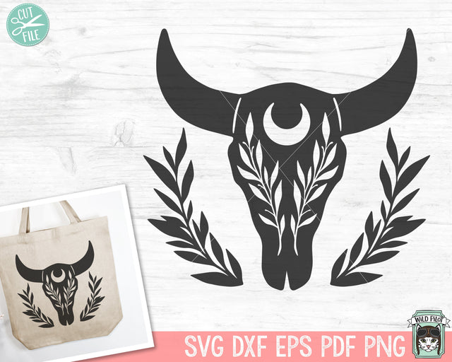 Cow Skull SVG, Bull Skull SVG, Mystical SVG, Crescent Moon svg, Cow Skull Clipart, Boho svg, Leaves svg, Bohemian svg, Southwest svg SVG Wild Pilot 