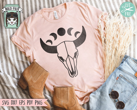 Cow Skull SVG, Bull Skull SVG, Mystical svg, Moon Phases svg, Crescent Moon svg, Bull Skull svg, Boho svg, Just A Phase svg, Southwest svg SVG Wild Pilot 