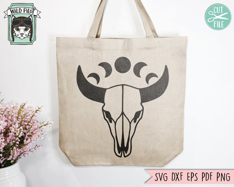 Cow Skull SVG, Bull Skull SVG, Mystical svg, Moon Phases svg, Crescent Moon svg, Bull Skull svg, Boho svg, Just A Phase svg, Southwest svg SVG Wild Pilot 