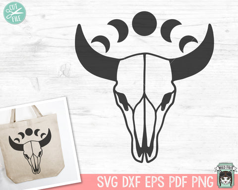 Cow Skull SVG, Bull Skull SVG, Mystical svg, Moon Phases svg, Crescent Moon svg, Bull Skull svg, Boho svg, Just A Phase svg, Southwest svg SVG Wild Pilot 