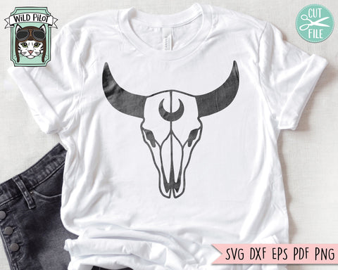 Cow Skull SVG Cut File, Bull Skull SVG, Mystical svg, Crescent Moon svg, Cow Skull png, Southwest SVG, Boho svg, Longhorn svg, Buffalo svg SVG Wild Pilot 