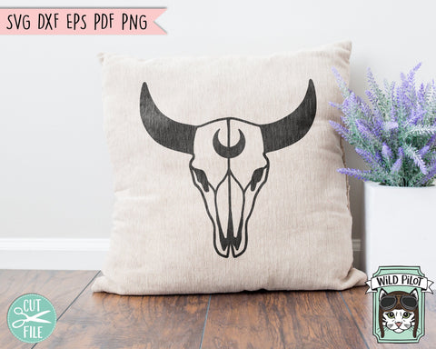 Cow Skull SVG Cut File, Bull Skull SVG, Mystical svg, Crescent Moon svg, Cow Skull png, Southwest SVG, Boho svg, Longhorn svg, Buffalo svg SVG Wild Pilot 