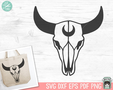 Cow Skull SVG Cut File, Bull Skull SVG, Mystical svg, Crescent Moon svg, Cow Skull png, Southwest SVG, Boho svg, Longhorn svg, Buffalo svg SVG Wild Pilot 