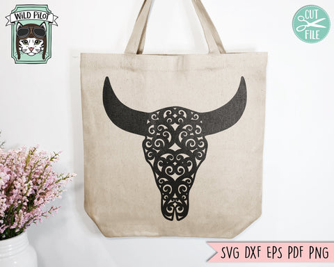 Cow Skull SVG Cut File, Bull Skull SVG, Mystical svg, Scroll svg, Cow Skull png, Southwest SVG, Boho svg, Longhorn svg, Buffalo, Bohemian SVG Wild Pilot 