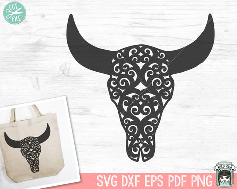 Cow Skull SVG Cut File, Bull Skull SVG, Mystical svg, Scroll svg, Cow Skull png, Southwest SVG, Boho svg, Longhorn svg, Buffalo, Bohemian SVG Wild Pilot 