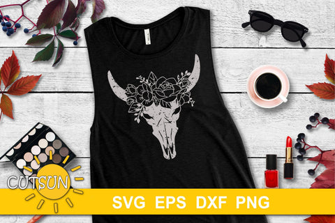 Cow skull SVG | Floral Cow Skull Distressed SVG SVG CutsunSVG 