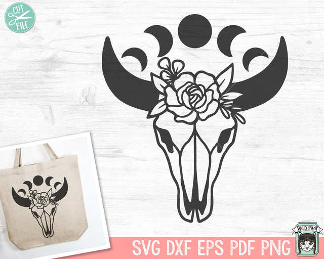 Cow Skull SVG, Flowers SVG, Floral SVG, Mystical svg, Moon Phases svg, Crescent Moon svg, Bull Skull svg, Boho svg, Just A Phase, Southwest SVG Wild Pilot 