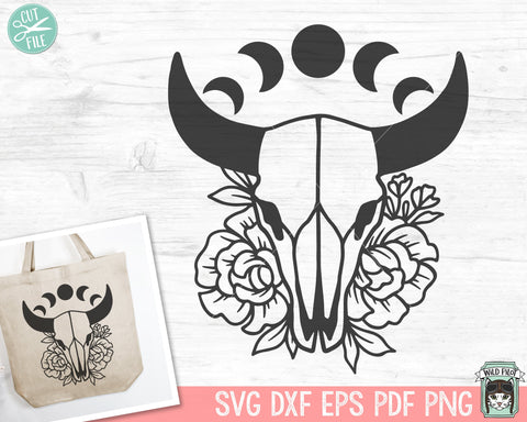 Cow Skull SVG, Flowers SVG, Floral SVG, Mystical svg, Moon Phases svg, Crescent Moon svg, Bull Skull svg, Boho svg, Just A Phase svg, Southwest svg SVG Wild Pilot 
