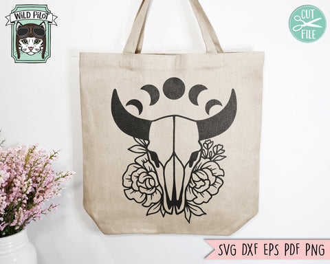 Cow Skull SVG, Flowers SVG, Floral SVG, Mystical svg, Moon Phases svg, Crescent Moon svg, Bull Skull svg, Boho svg, Just A Phase svg, Southwest svg SVG Wild Pilot 
