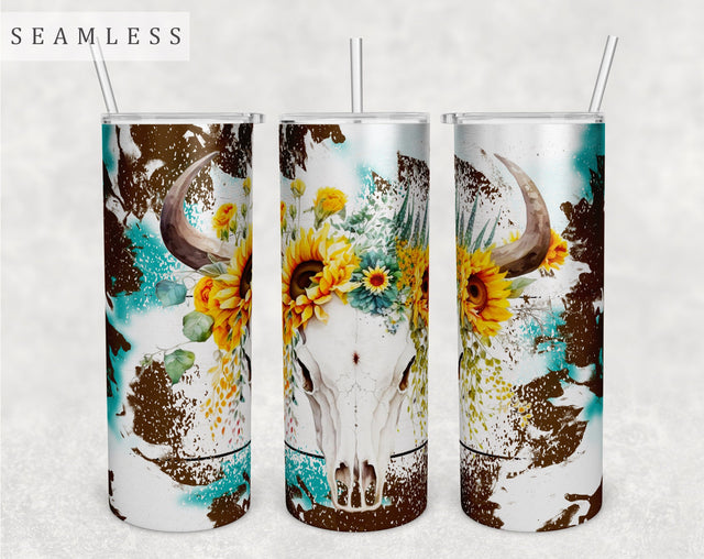 Cow Skull Tumbler Wrap, 20 Oz Skinny Tumbler Sublimation Design, Seamless Bull Skull Tumbler PNG Sublimation HappyDesignStudio 