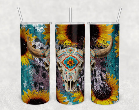 Cow Skull Tumbler Wraps Bundle, 20 Oz Skinny Tumbler Cow Skull Sublimation Designs, Cow Skull With Sunflowers Tumbler PNG, Seamless Tumbler PNG, 5 Designs Sublimation HappyDesignStudio 