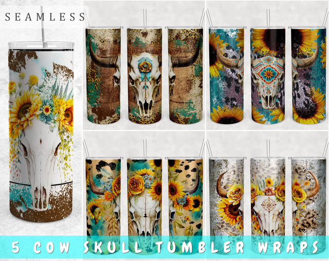 Cow Skull Tumbler Wraps Bundle, 20 Oz Skinny Tumbler Cow Skull Sublimation Designs, Cow Skull With Sunflowers Tumbler PNG, Seamless Tumbler PNG, 5 Designs Sublimation HappyDesignStudio 