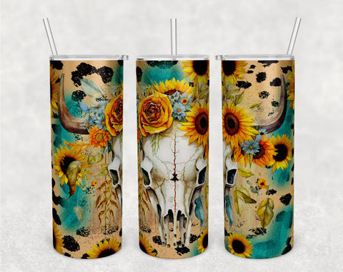 Cow Skull Tumbler Wraps Bundle, 20 Oz Skinny Tumbler Cow Skull Sublimation Designs, Cow Skull With Sunflowers Tumbler PNG, Seamless Tumbler PNG, 5 Designs Sublimation HappyDesignStudio 