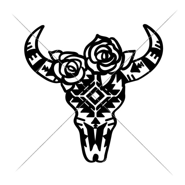 Cow Skull with Aztec Pattern and Roses SVG Chameleon Cuttables 