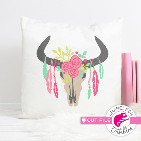 Cow Skull with Feathers 6 colors - Farmhouse SVG Chameleon Cuttables 