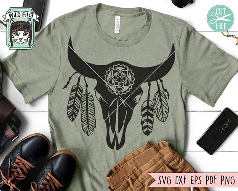 Cow Skull with Feathers SVG, Cow Skull svg file, Southwest svg, Boho svg, Feathers svg, Skull svg, longhorn skull svg, bohemian svg SVG Wild Pilot 