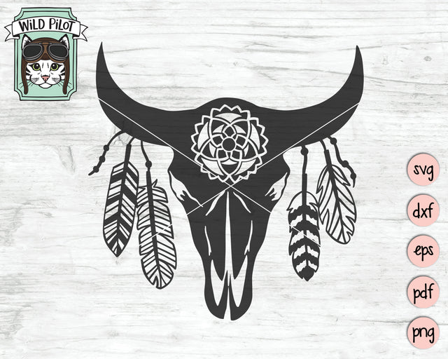 Cow Skull with Feathers SVG, Cow Skull svg file, Southwest svg, Boho svg, Feathers svg, Skull svg, longhorn skull svg, bohemian svg SVG Wild Pilot 