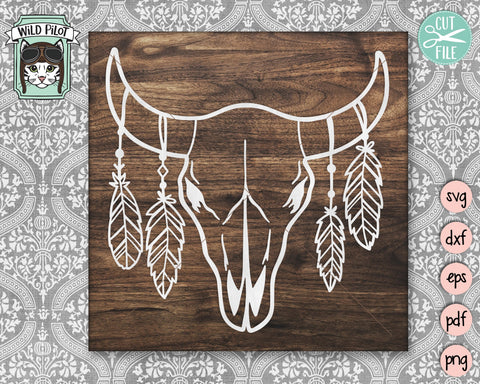 Cow Skull With Feathers SVG Cut File, Cow Skull SVG File, Cow Skull Feathers Cut File, Southwest SVG, Boho SVG, Feathers SVG, Skull SVG, Longhorn Skull SVG SVG Wild Pilot 