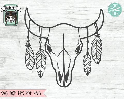 Cow Skull With Feathers SVG Cut File, Cow Skull SVG File, Cow Skull Feathers Cut File, Southwest SVG, Boho SVG, Feathers SVG, Skull SVG, Longhorn Skull SVG SVG Wild Pilot 