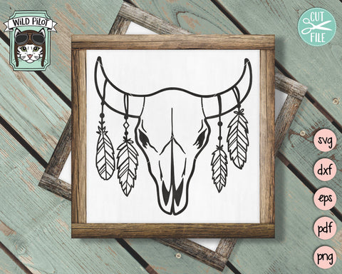 Cow Skull With Feathers SVG Cut File, Cow Skull SVG File, Cow Skull Feathers Cut File, Southwest SVG, Boho SVG, Feathers SVG, Skull SVG, Longhorn Skull SVG SVG Wild Pilot 