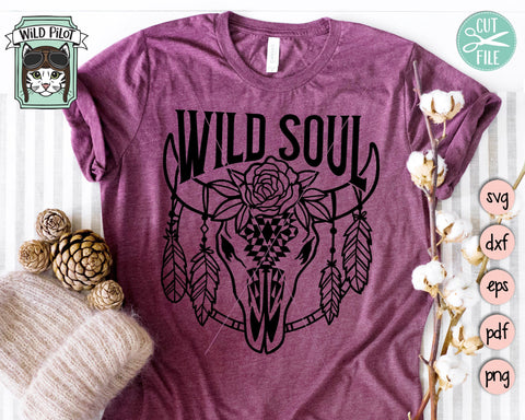 Cow Skull with Flowers Feathers SVG file, Wild Soul svg, Cow Skull Medallion svg, Cow Skull Floral cut file, Southwest svg, longhorn svg, buffalo svg SVG Wild Pilot 