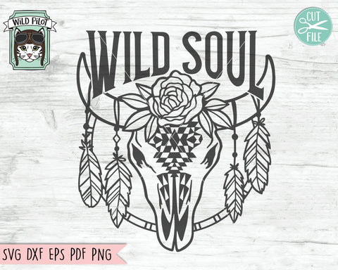Cow Skull with Flowers Feathers SVG file, Wild Soul svg, Cow Skull Medallion svg, Cow Skull Floral cut file, Southwest svg, longhorn svg, buffalo svg SVG Wild Pilot 
